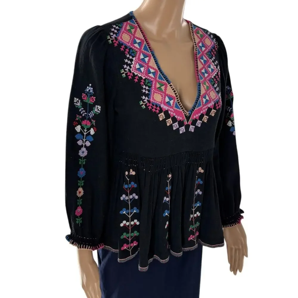 Ulla Johnson Black Maja Embroidered Peplum Peasant Blouse